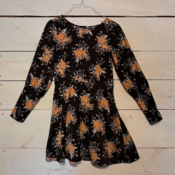 Free People Women's Long Sleeve Dress Size 4 Black Orange Floral Mini - Picture 2 of 12
